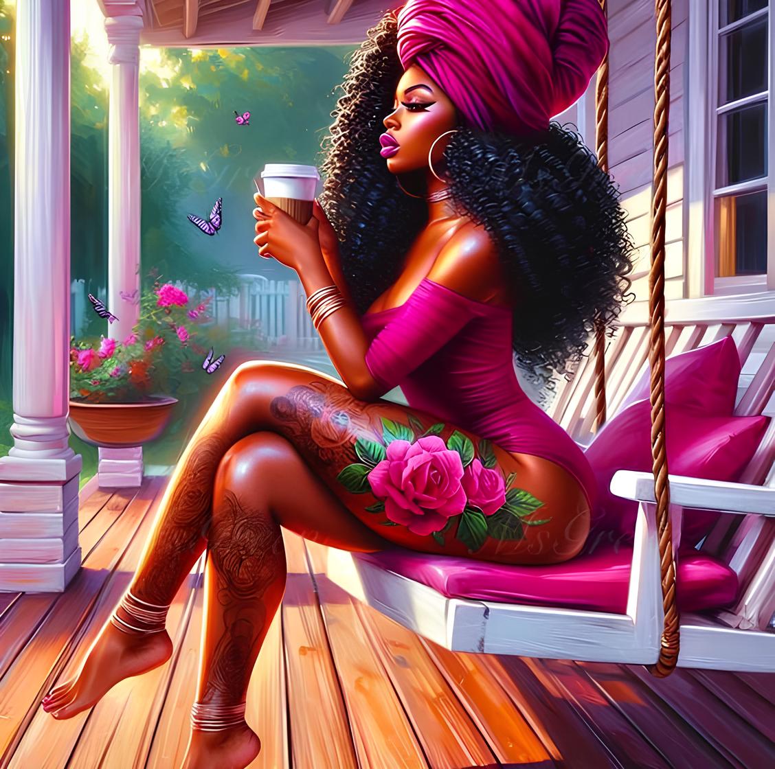 Pink Black Girl Round Drill Diamond Painting 40*40CM