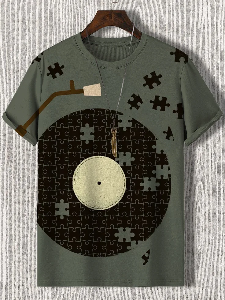 Men's Vinyl Record Music Jigsaw Art Print Casual T-Shirt