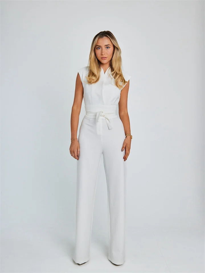 New Temperament Straps Waisted Jumpsuit Women's Solid Colour V-neck Sleeveless Wide-leg Jumpsuit-JRSEE