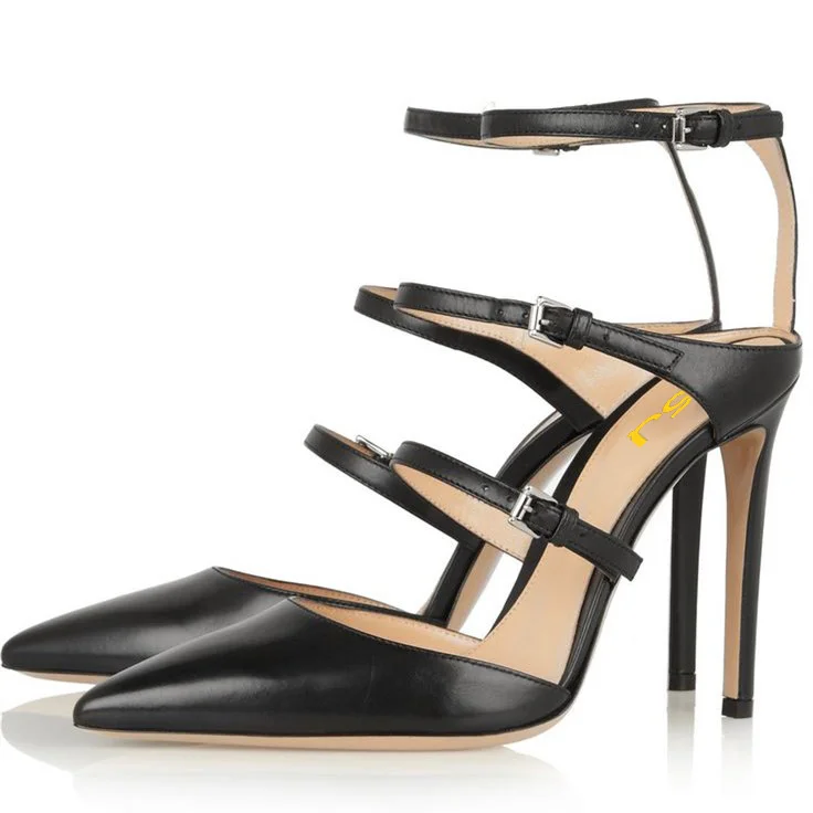Black Sexy Closed Toe Three Strap Stiletto Pumps Vdcoo