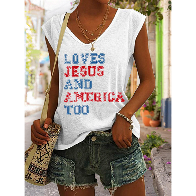 Women's Loves Jesus And America Too Shabby Print V neck Tank Top socialshop