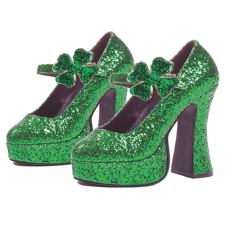 Women's Green Glitter Platform Heels Fashion Flower Buckle Pumps |FSJ Shoes