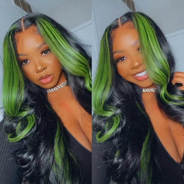 Money Piece Highlights Straight/Body Wave Lace Wigs With Green Highlight