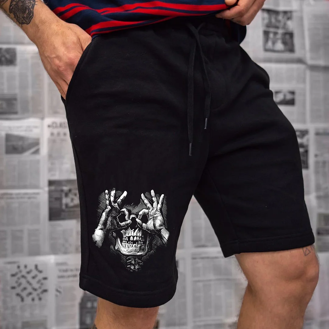 Skull with OK Gesture Vintage Black Print Shorts