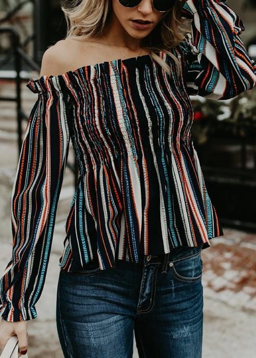 fashion casual long sleeve off shoulder striped blouse p126650