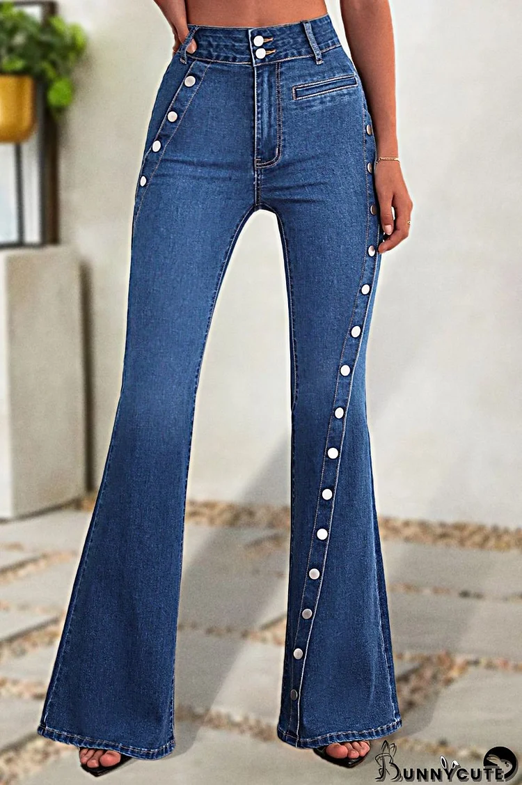 Button Detail High Waist Flare Jeans