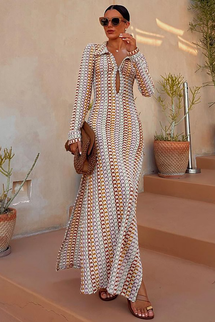 Crochet Abstract Striped Pattern Turndown Collar Long Sleeve Slit Vacation Maxi Dresses-Brown