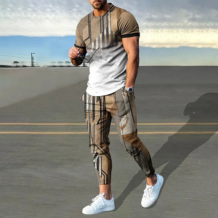 Casual Striped Short Sleeve T-Shirt & Pockets Pants 2Pcs Set