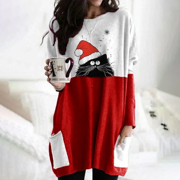 Christmas Round Neck Long Sleeve Printed Pocket Shirt