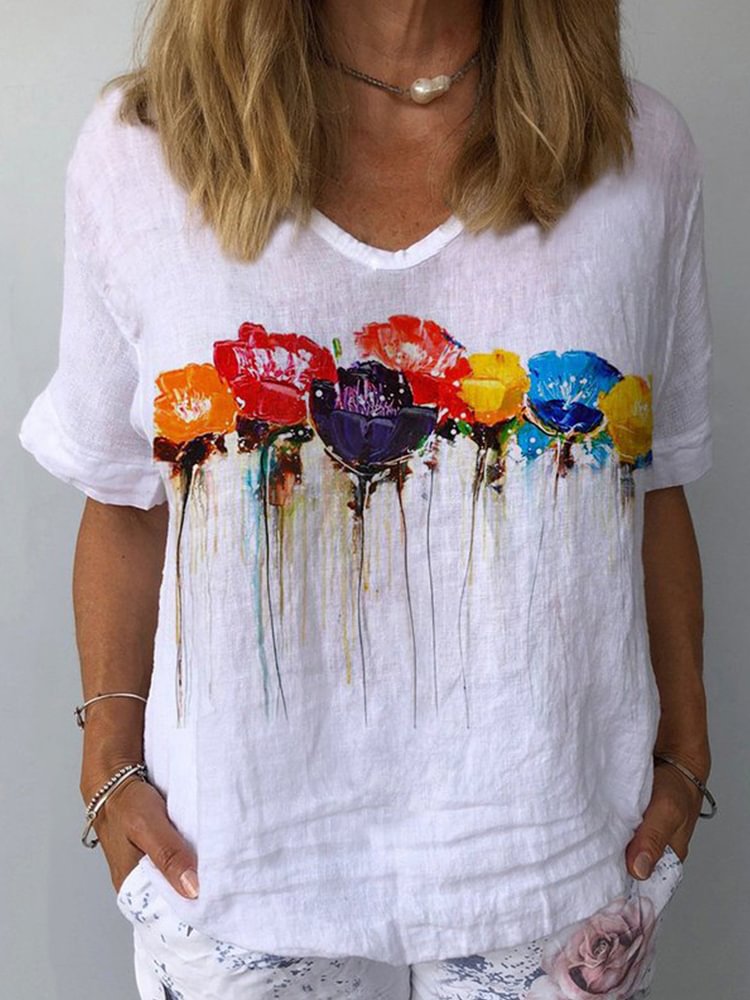 Comstylish Floral Art Printed V-Neck Casual T-Shirt