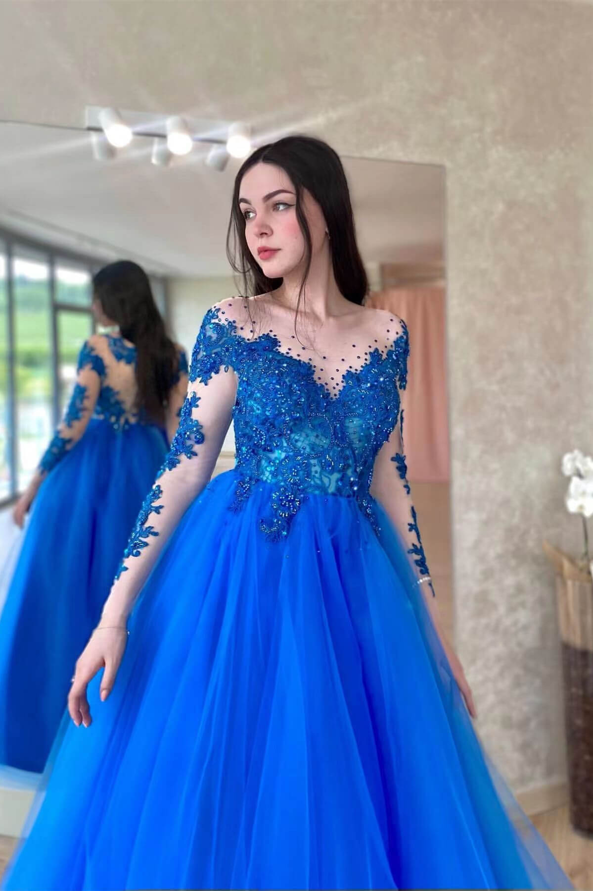 Daisda Royal Blue Long Sleeves Tulle Prom Dress With Appliques Amazing