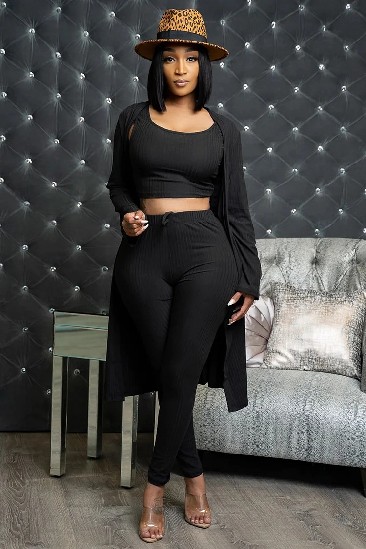 Pleated Textured Tank Crop Top Long Sleeve Cardigan Legging Pants Three-Piece Set