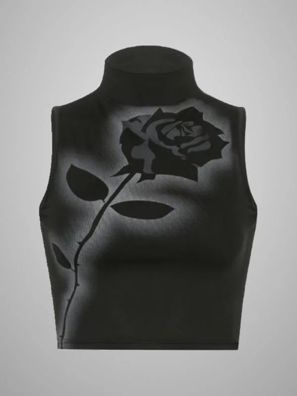 Dark Rose Printed Stand Collar Crop Vest