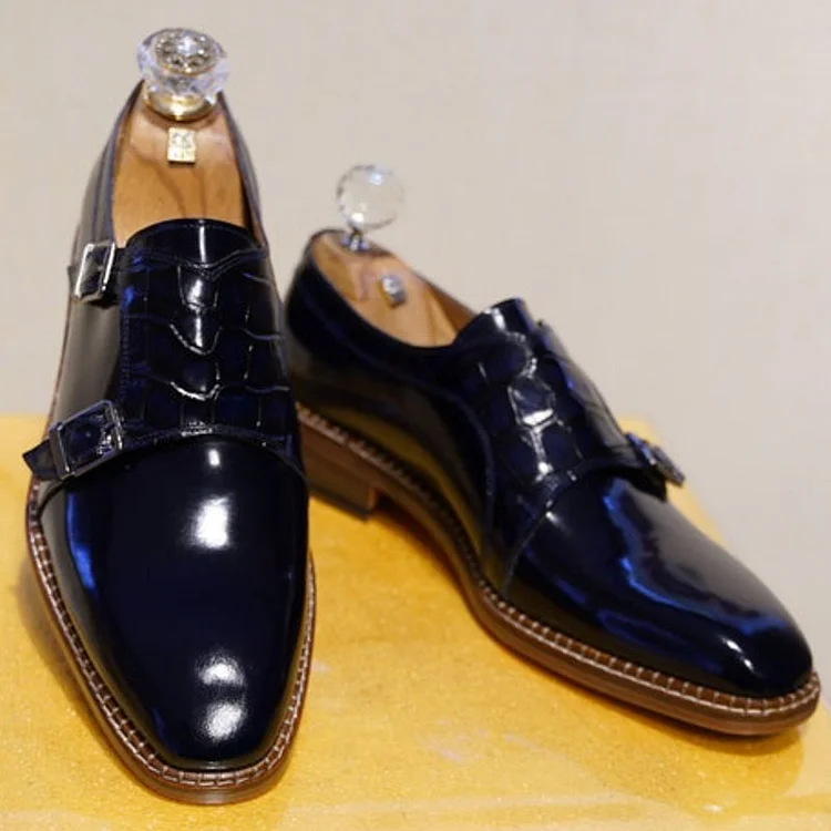 Faux Leather Pointy Toe Buckle Stitching Slip-On Formal Dress Shoes