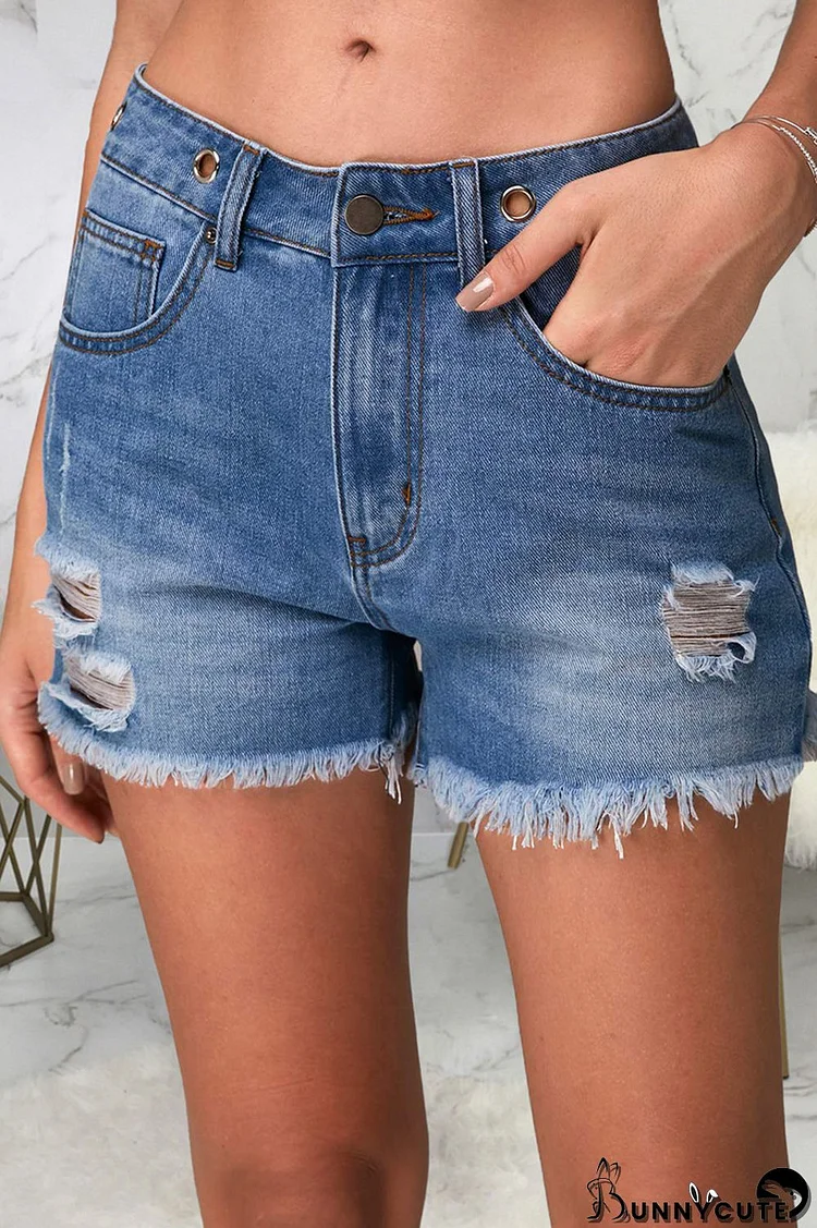 Blue Fashion Casual Solid Tassel Ripped High Waist Regular Denim Shorts
