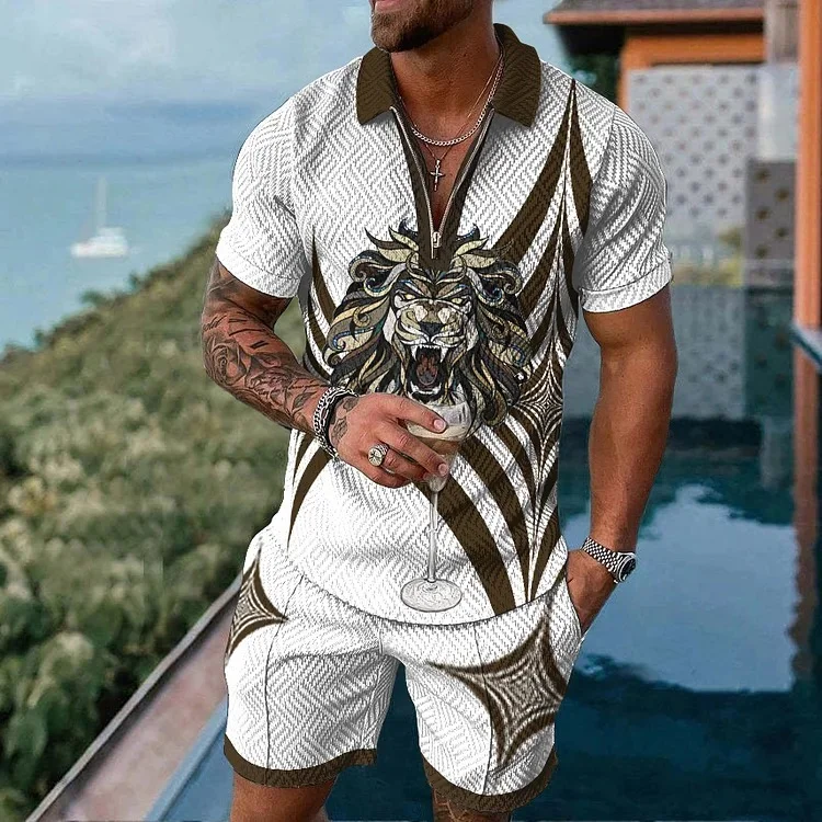 Causal Lion Print Short Sleeve Polo Shirt And Shorts Co-Ord