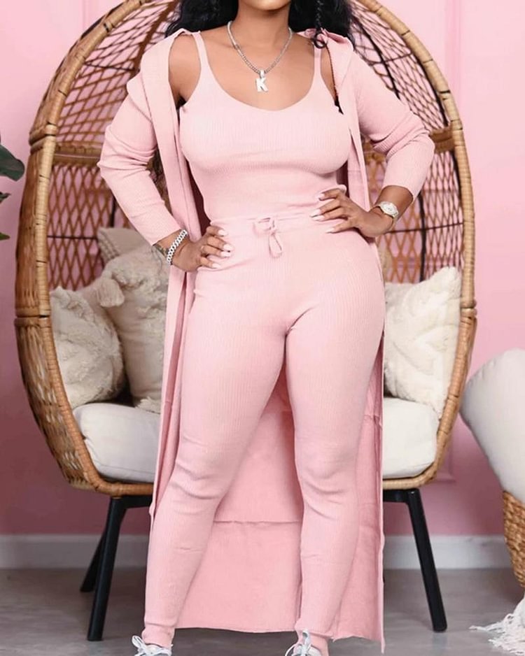 3pack Rib-Knit Drawstring Detail Cami Top & Pants Set - Shop Trendy Women's Clothing | LoverChic