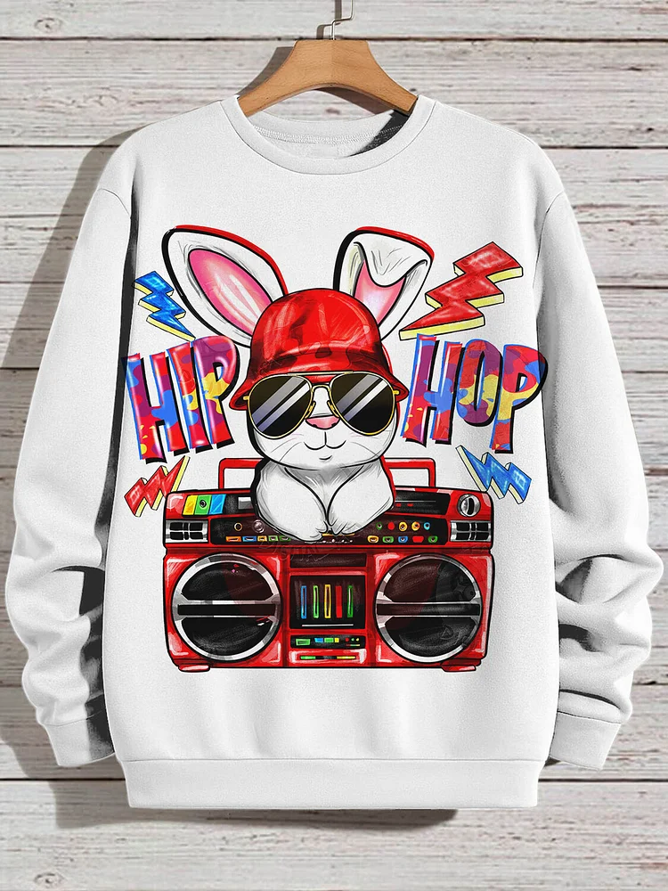 Men's Easter Rabbit Hip Hop Boombox Print Cotton Casual Sweatshirt