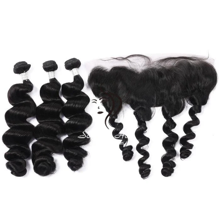 3 Bundles Tight Loose Wave With 13x4 Lace Frontal 12A+ Virgin Human Hair