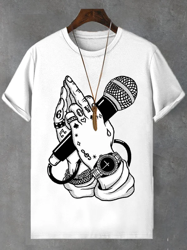 Men's Black Music Hip Hop Print Cotton Casual T-Shirt