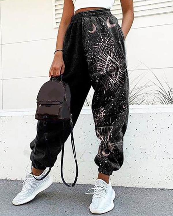 Ladies Casual Retro Sun Starry Sky Print Loose Fitness Sweatpants Trousers - Chicaggo