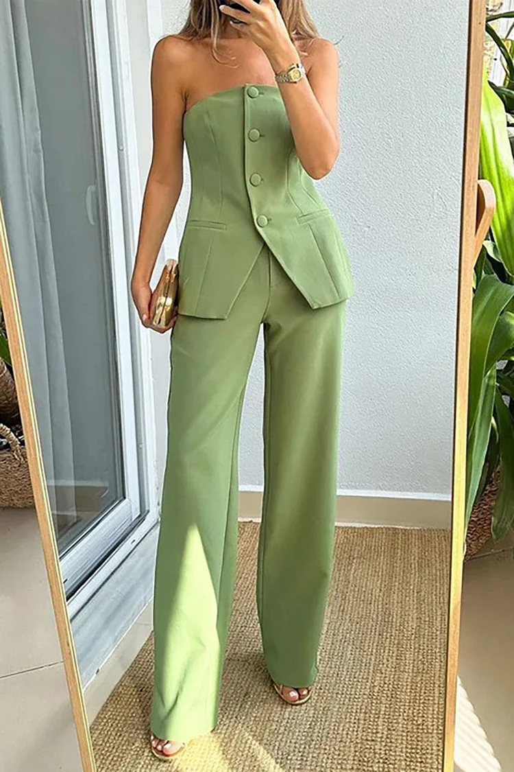 Button Up Boat Neck Slit Tube Top Straight Leg Pants Matching Set-Green