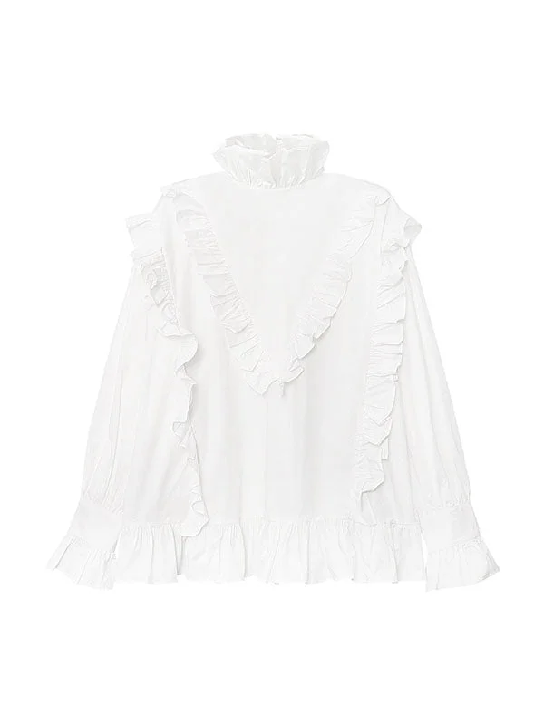 French Loose White Stand Collar Buttoned Ruffled Long Sleeve Blouse