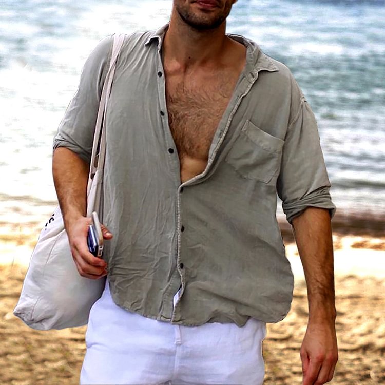 Men's Lapel Pocket Cotton Linen Blend Shirt