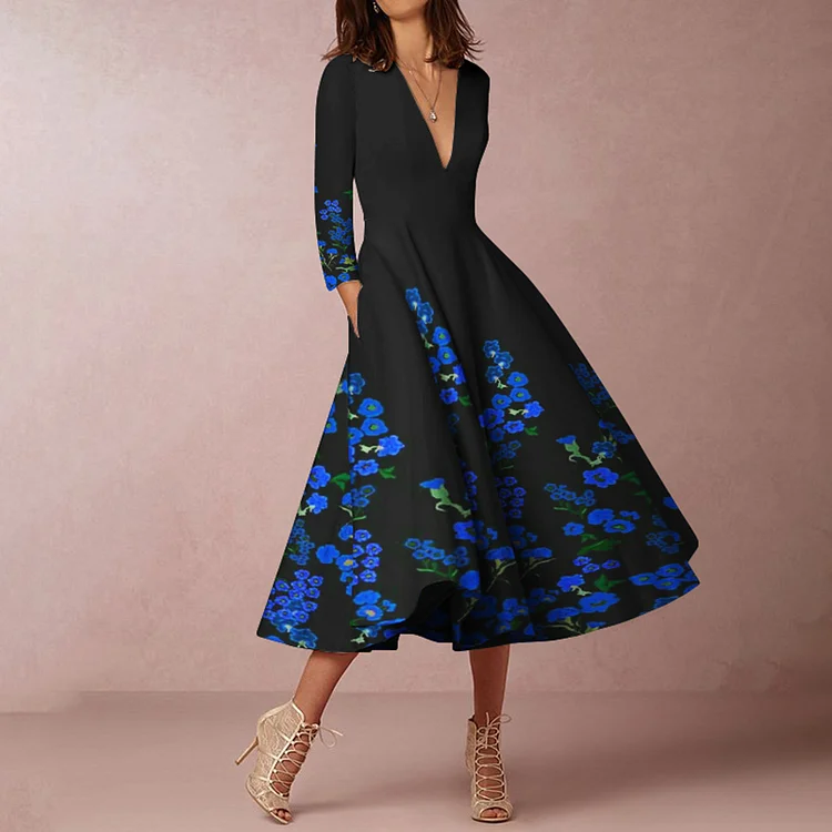Vefave Elegant Printed Long Sleeve Midi Dress
