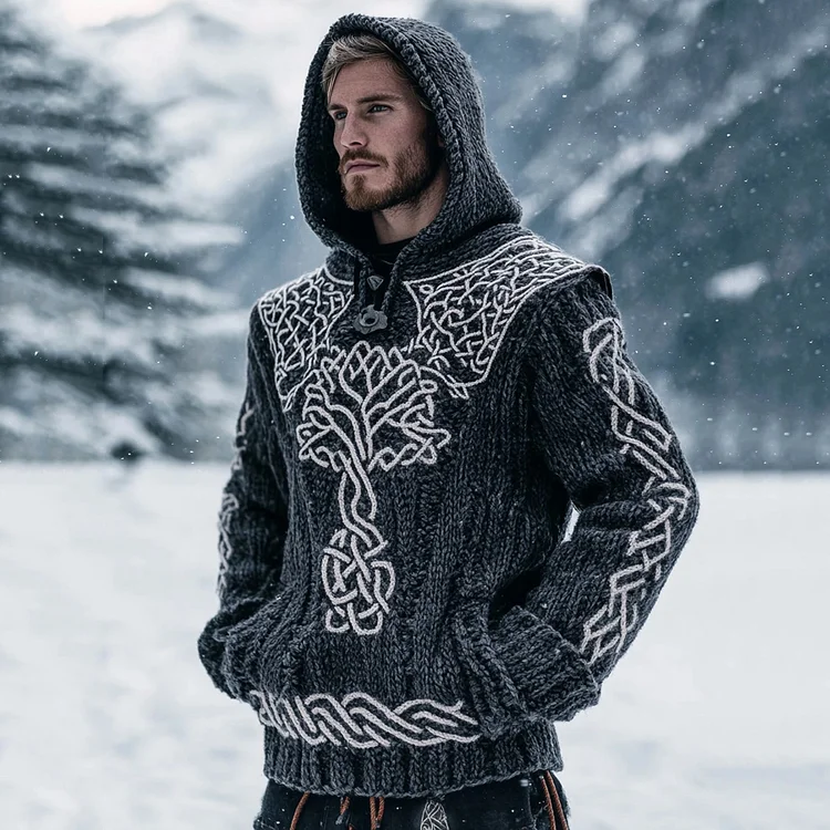 Men's Viking Tribal Life Of Tree Inspired Knit Pocket Hooded Sweater