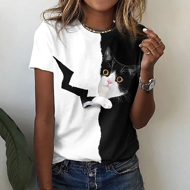 Vefave Contrast Cat Print Casual T-Shirt