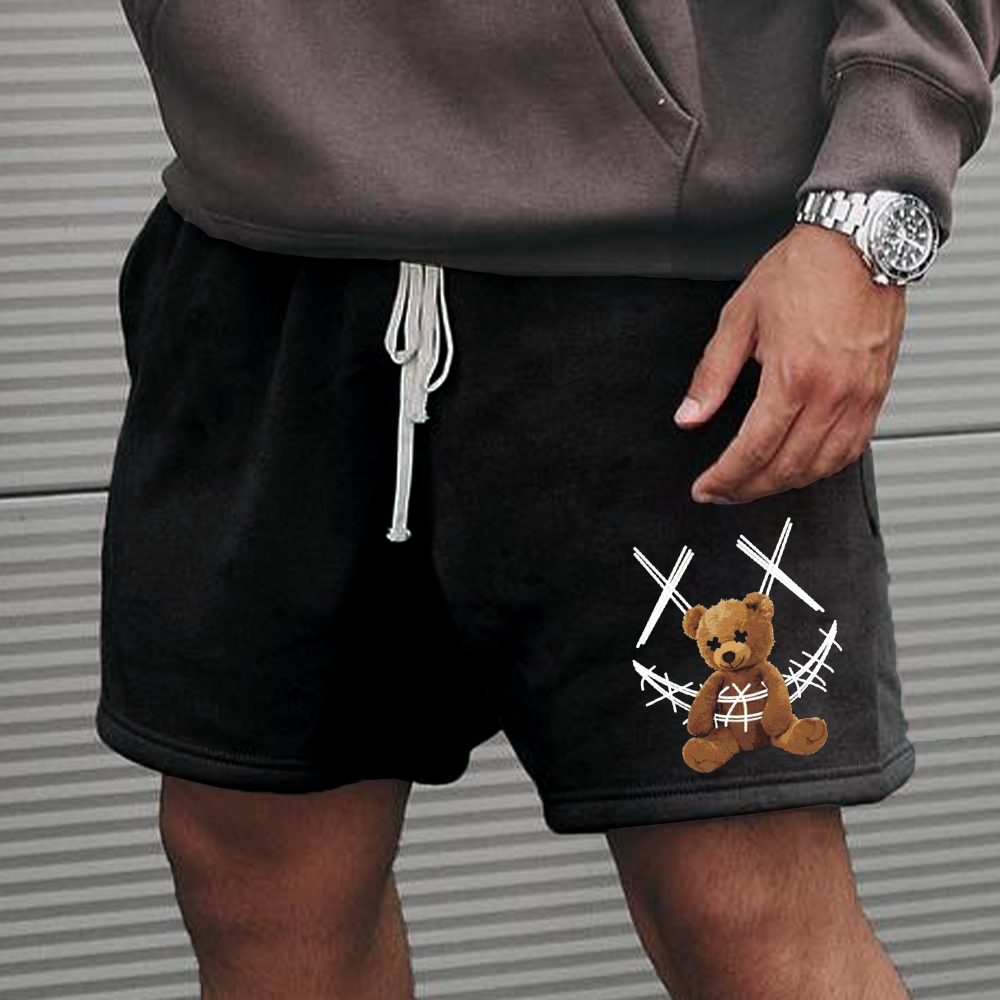 Men's Retro Smiley Teddy Bear Print Casual Sports Shorts、、URBENIE