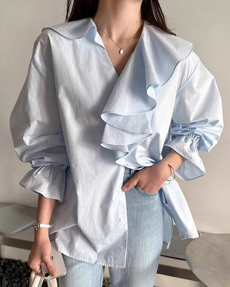 Asymmetric Ruffled Detail V Neck Long Sleeve Shirt
