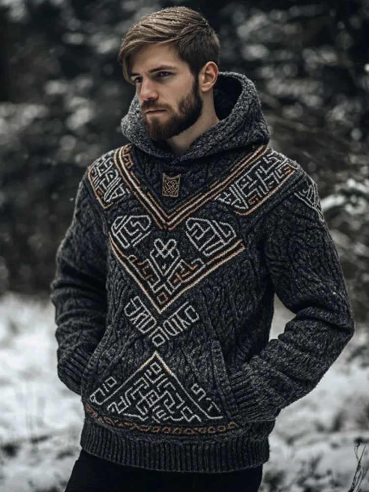 Men's Vintage Viking Inspired Celtic Jacquard Hooded Sweater