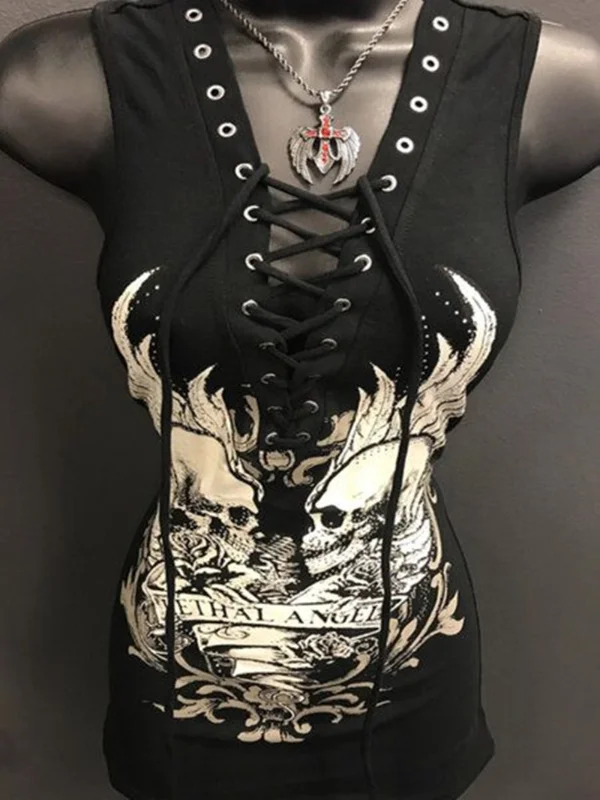 Gothic Dark Punk Street Bandaged Skull Print Plunging neck Sleeveless Top