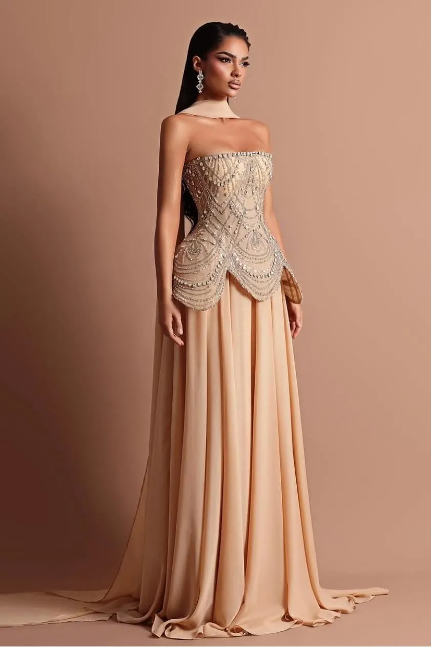 Lussooy Stunning Champagne Strapless Sleeveless Beaded Prom Dress with Scarf