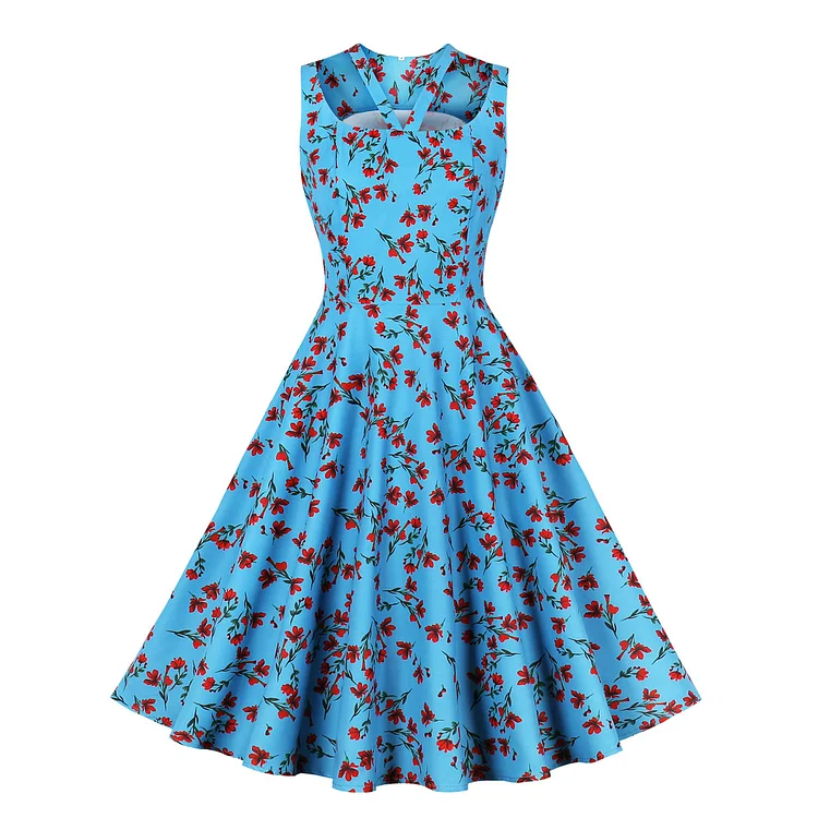 1950s Blue Party Cut Out Ditsy Print Swing Midi Dress