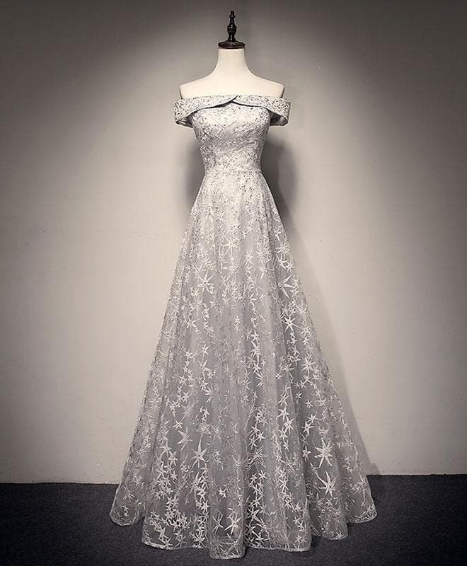 Gray White Tulle Lace Long Prom Dress Tulle Lace Formal Dress