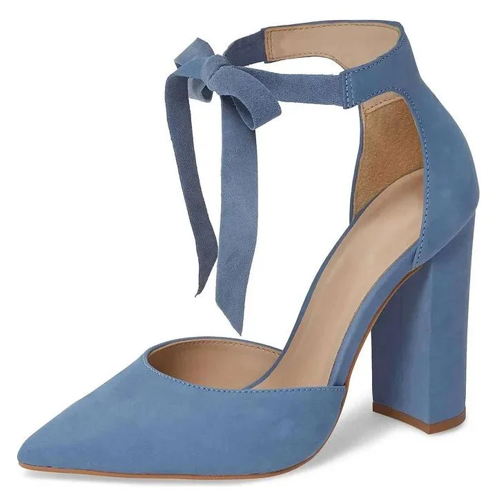 Light Blue Suede Ankle Tie Block Heel Pumps Vdcoo