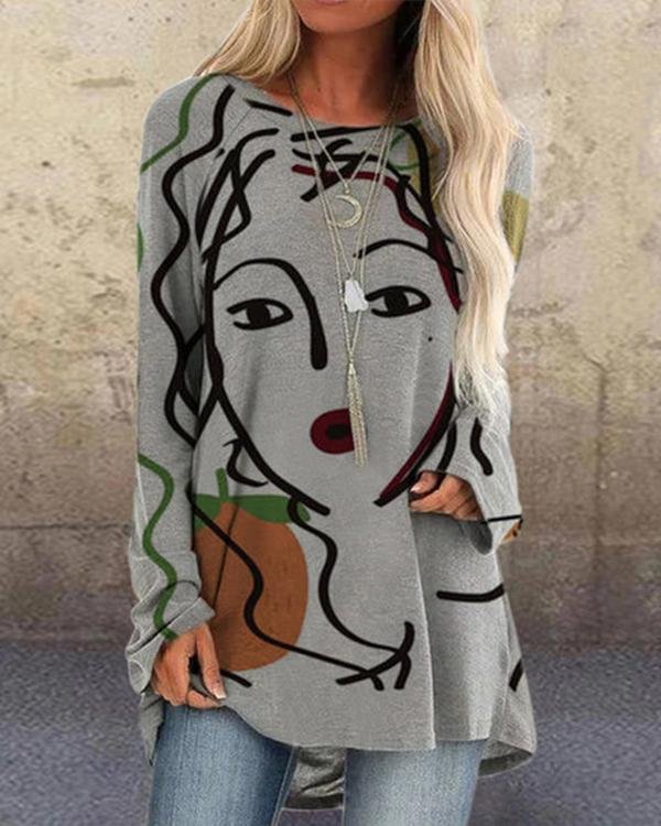 Women Print Long Sleeve Irregular Plus Size Loose Blouse