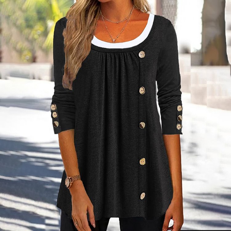 Comstylish Button Down Color Block Long Sleeve Casual T-Shirt