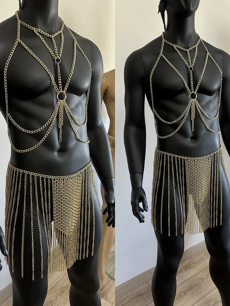 pornhint Pornhint Gold Chain Dress, Men Festival Costume, Halloween, Cuban Body Chain Set, Costum Cosplay, Fetish cock necklace