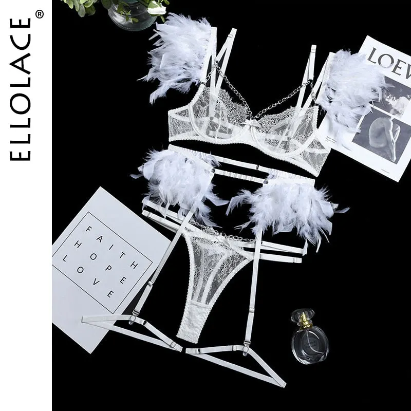 Ellolace Feather Sensual Lingerie Sexy Transparent Lace Bra With Chain