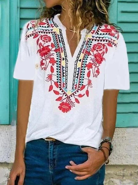 Short Sleeve Printed Cotton-Blend Shirts & Tops Zaesvini