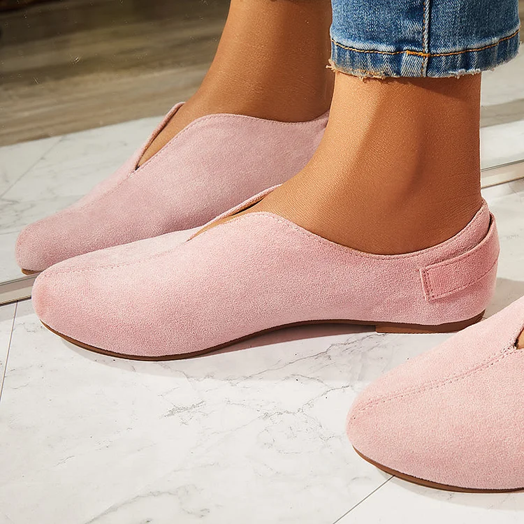Pink Round Toe V Cut Slip On Flat Loafers Soft Ballet Shoes