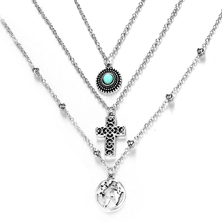 Cross World Map Turquoise Combination Three Layer Necklace
