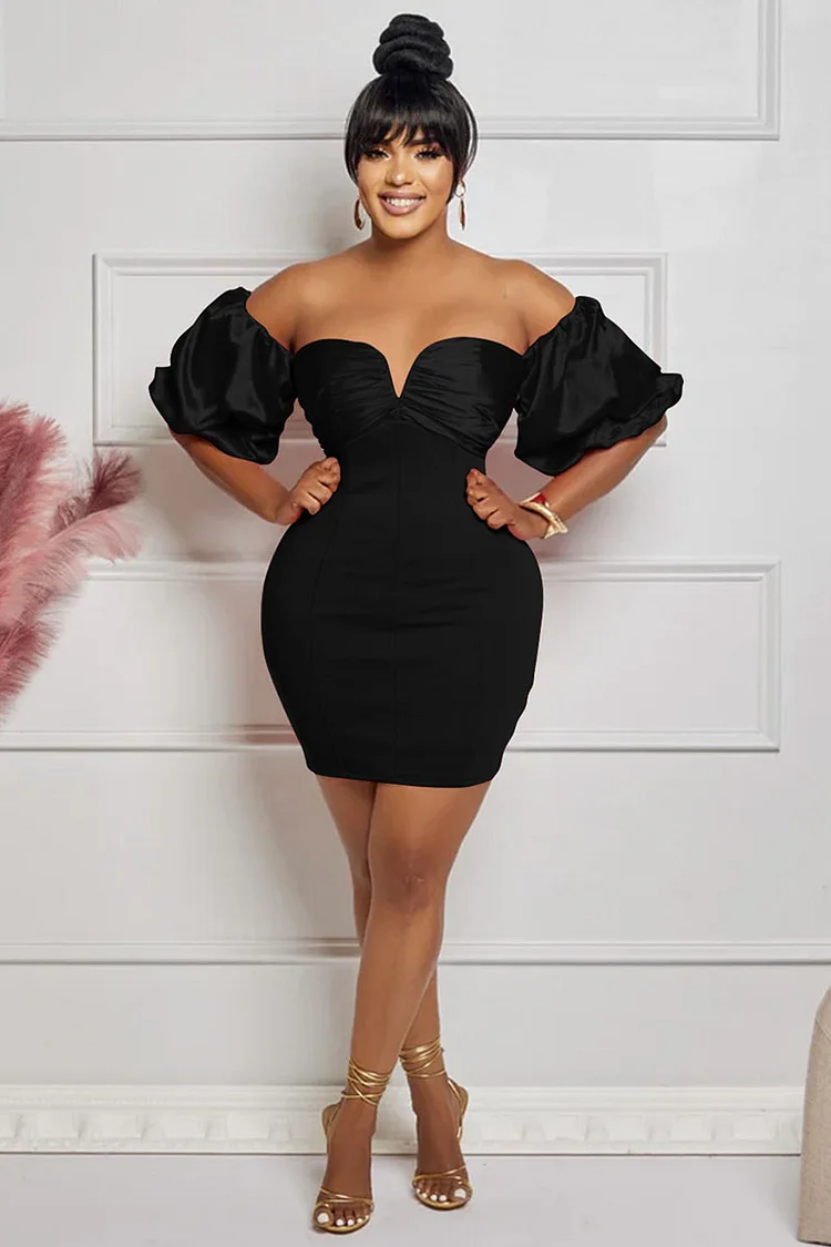 Ruched Irregular Neck Puff Sleeve Bodycon Cocktail Party Mini Dresses- Blue
