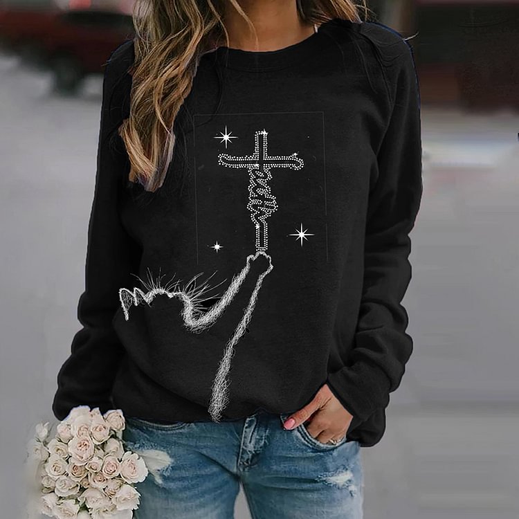 Comstylish Faith Cat Printed Round Neck Long Sleeve Casual Sweatshirt