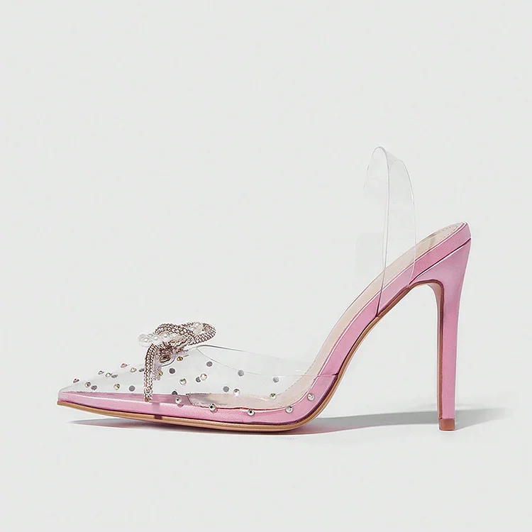 Light Pink Stiletto Rhinestones Heels Elegant Pointed Toe transparent Shoes Wedding Pearls Bow Pumps |FSJ Shoes