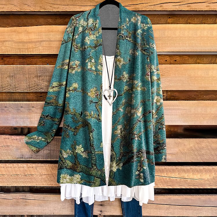 Vefave Long Sleeve Oil Painting Plum Print Cardigan